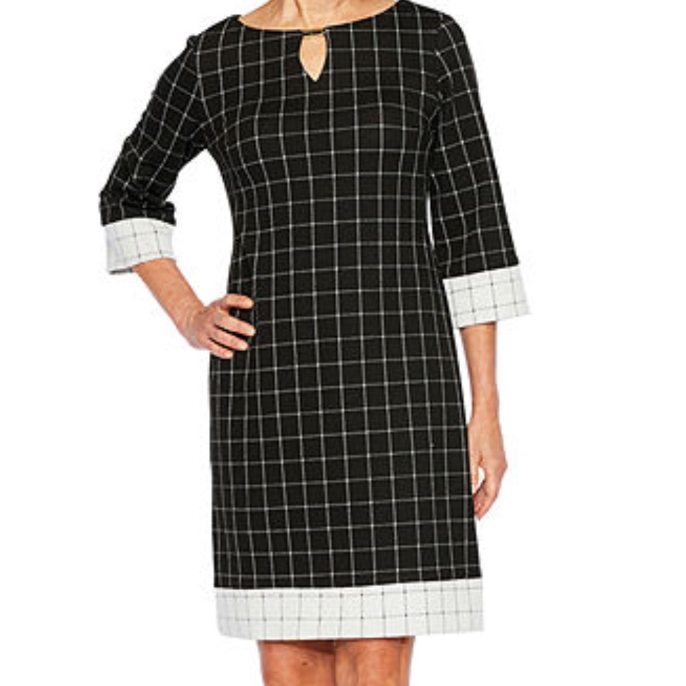 NWT 3/4 sleeve black & white grid shift dress
